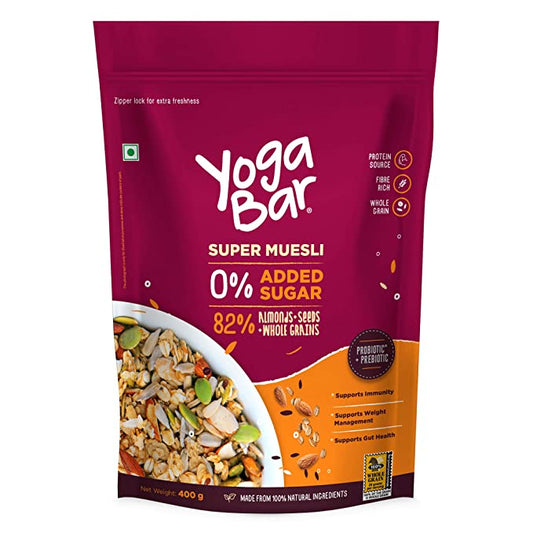 Yogabar Super Muesli, No Added or Hidden Sugar, Breakfast Muesli with Probiotics & Prebiotics, 82% Almonds + Whole Grains + Chia Seeds + Flax Seeds, 400g