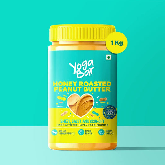 Yogabar All Natural Honey Peanut Butter 1kg | Sweet, Salty and Crunchy Peanut Butter | Slow Roasted & Slow Ground Non GMO Peanuts for Delicious Taste | Rich in Omega 3 & Protein | No Palm Oil