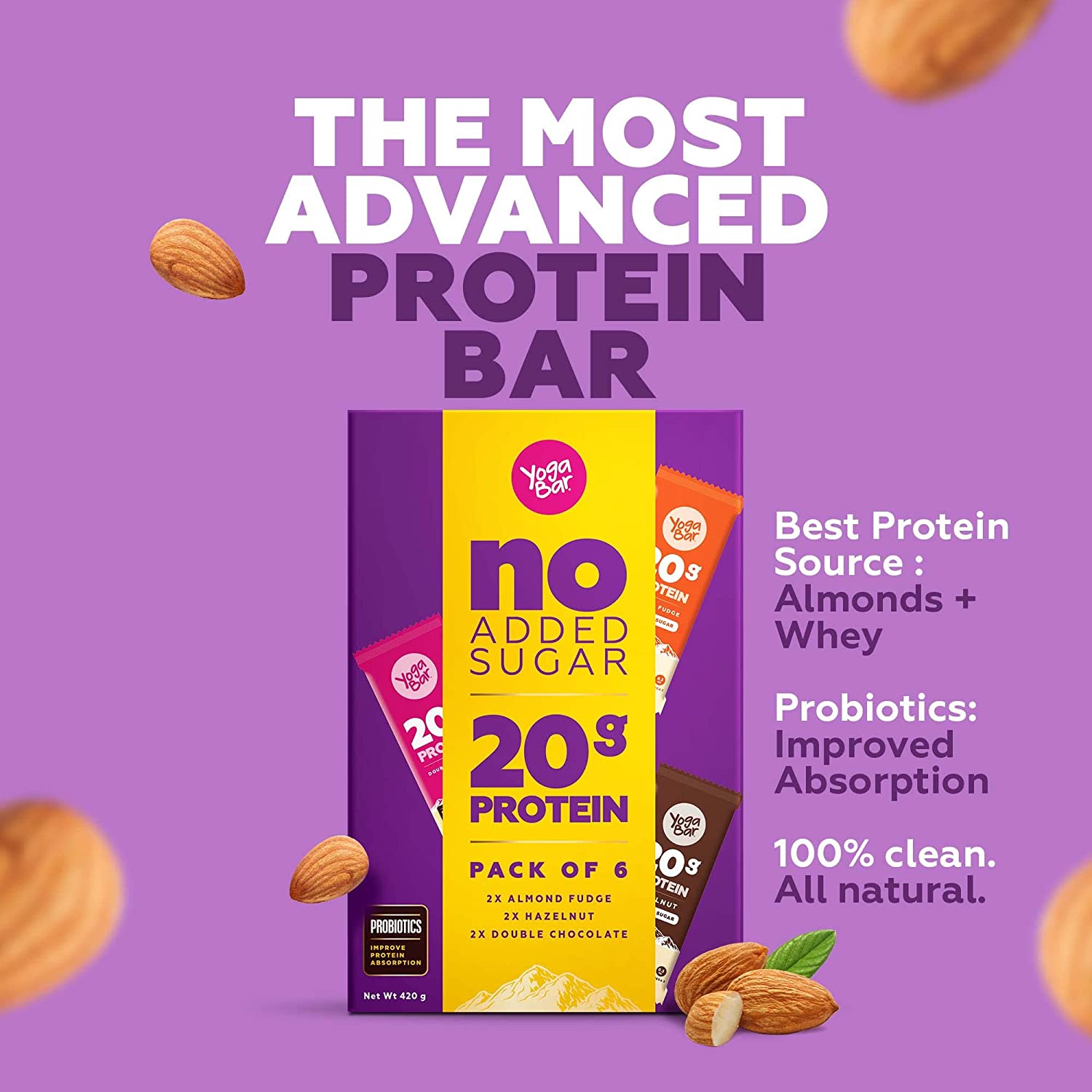YOGABAR-ASSORTED PROTEIN BARS-PACK OF 6 ( THIS ASSORTED BOX CONTAINS 2 X  DOUBLE CHOCOLATE, 2 X ALMOND FUDGE, AND 2 X HAZELNUTS. )
