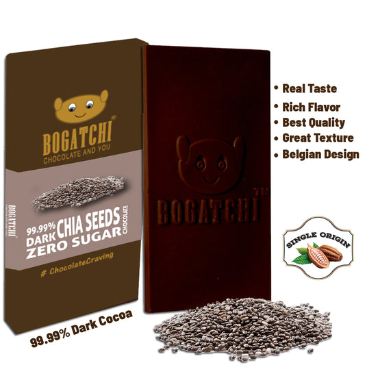 BOGATCHI 99% Dark Cocoa Chia Seeds Chocolate | Chia Seeds | Cocoa Butter, 60 gm